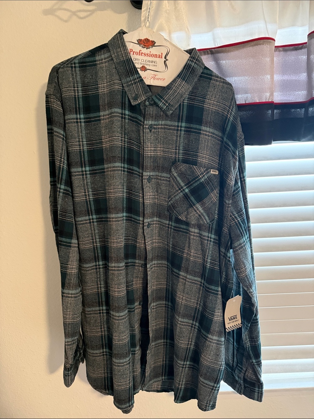 Vans Men's Teal and Gray Plaid Long-Sleeve Button-Up Shirt